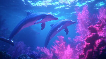 Fototapeta premium Joyful Dolphins in Vibrant Coral Reef - A Whimsical Underwater Adventure