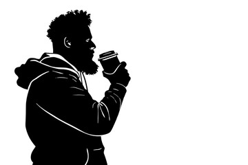 Black Silhouette of a man drinking coffee from a disposable cup on a transparent background