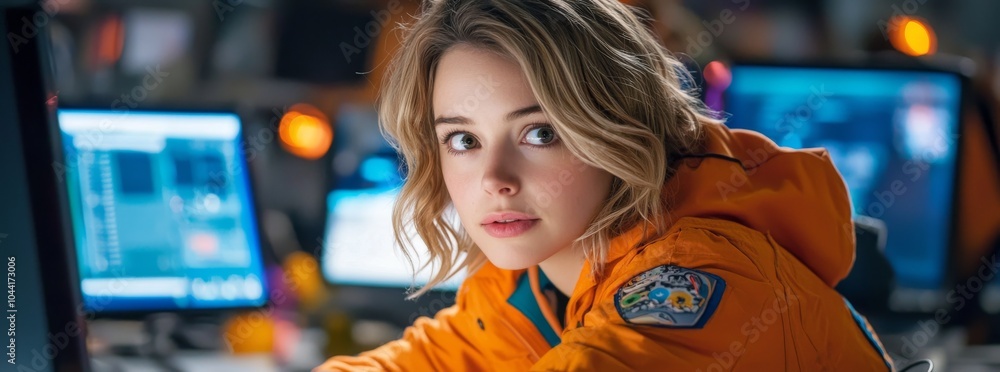 Poster an ai cyber security concept with a female it professional analyzing stock data breaches and threats