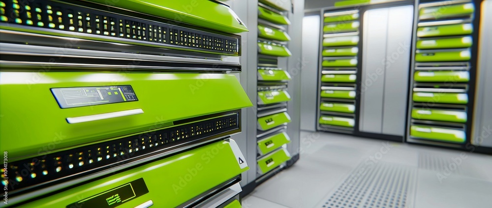 Poster in a futuristic data center hallway illuminated with vibrant blue and red lights, rows of server rac