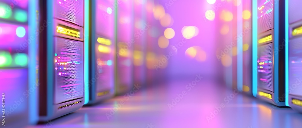 Poster this futuristic data center hallway features rows of server racks and digital technology illuminated