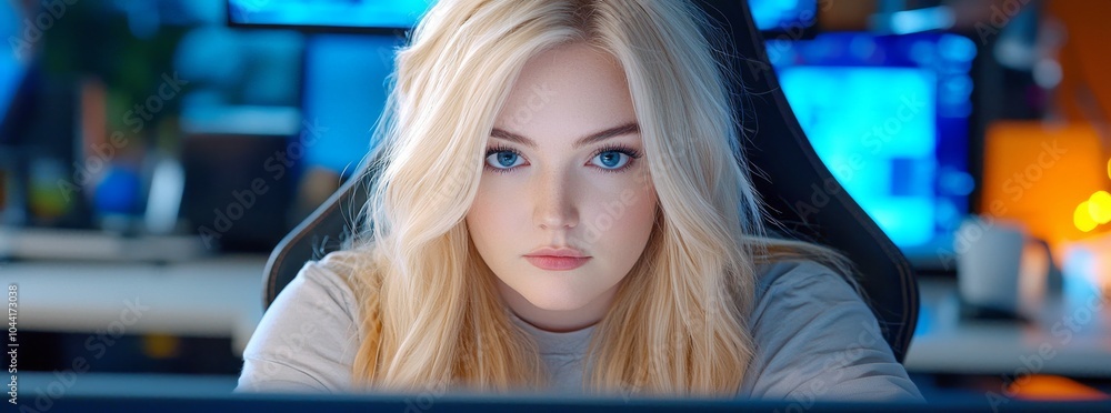 Poster a female it computer specialist analyzing stock digital threats to consumer data & privacy breaches 