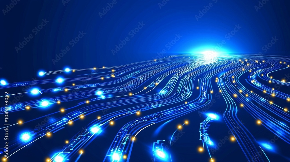 Poster a digital communication line concept graphic with circuit board and blue lights. hardware, computer 