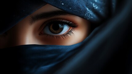 Naklejka premium Close-up portrait of a woman's eye looking out from under a blue headscarf.