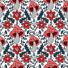 Cartoon autumn harvest seamless Halloween mushrooms pattern