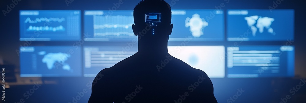 Poster to stay competitive, a businessman collaborates with ai algorithms in a high-tech environment