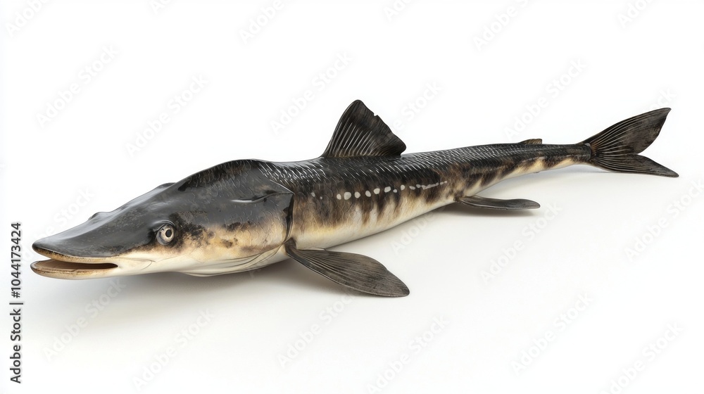 Poster paddlefish known for its long paddle shaped snout is displayed against a stark white backdrop highli