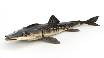 paddlefish known for its long paddle shaped snout is displayed against a stark white backdrop highlighting its distinctive features and body structure.