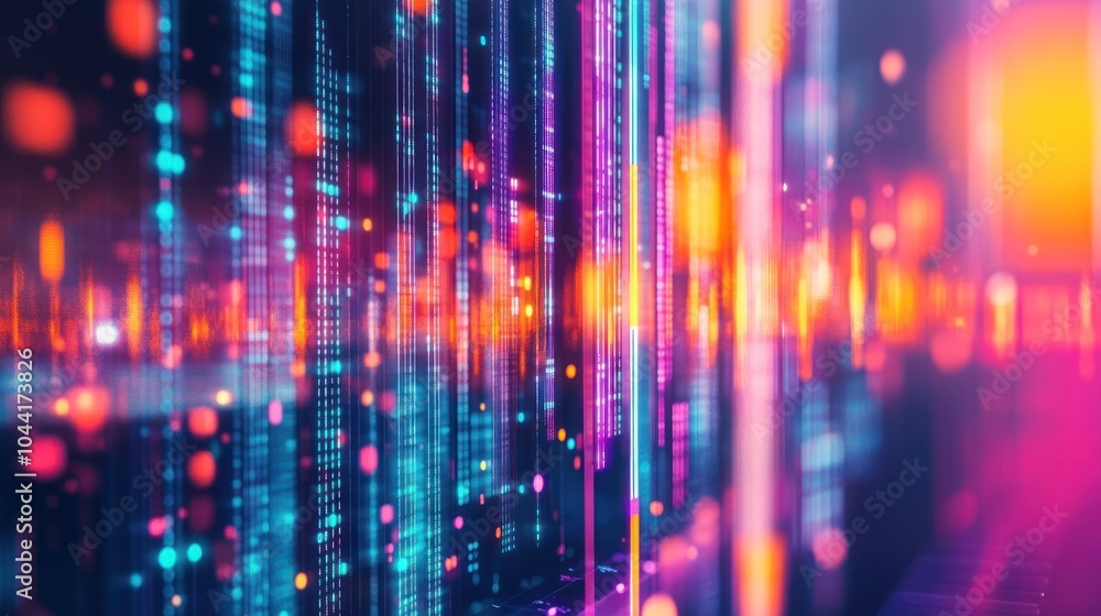Poster abstract digital visualization with vibrant colors and data streams.