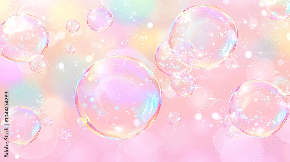 Poster the background of this image is soft and pastel-colored, while the bubbles are emphasized with iride