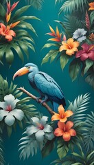Tropical exotic pattern with animal and flowers in bright colors and lush vegetation