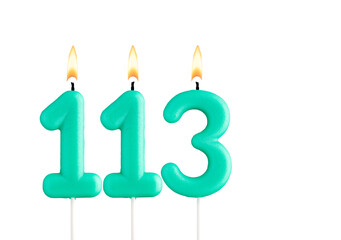 Birthday number 113 - Green birthday candle on white background