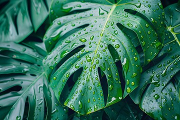 Fototapeta premium A close up of a leaf with water droplets on it
