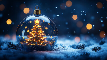 Weihnachtsbaum in einer Weihnachtskugel aus Glas, Gläserne Christbaumkugel mit leuchtendem Tannenbaum, blauer Hintergrund mit Schneeflocken und warmen Lichtern