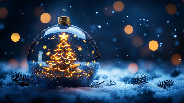 Weihnachtsbaum in einer Weihnachtskugel aus Glas, Gläserne Christbaumkugel mit leuchtendem Tannenbaum, blauer Hintergrund mit Schneeflocken und warmen Lichtern