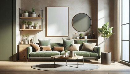 Stylish Green-Themed Living Space with Blank Canvas