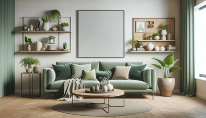 Fototapeta premium Cozy Living Room with Houseplants and Green Accents