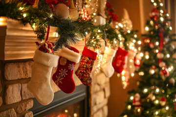 Christmas stockings are hanging from a fireplace mantel decorated with garland and Christmas lights