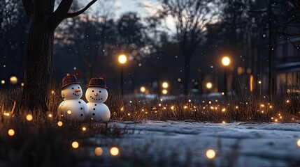 Cheerful snowmen adorned with scarves smile amidst a snowy landscape filled with festive decorations and a dazzling bokeh effect