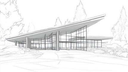 A modern architectural design featuring a sleek, angular roof and extensive glass walls, surrounded by greenery in a tranquil setting.