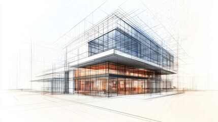 A sketch of a modern building design, featuring a combination of structured lines, glass elements, and an innovative architectural style.