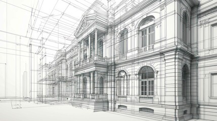 A wireframe architectural drawing of a classic building, showcasing detailed facades and intricate structural elements in a sketchy style.