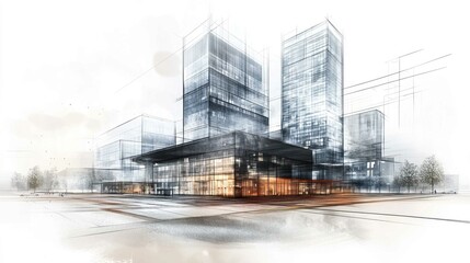 Obraz premium A modern architectural sketch showcasing tall buildings with a blend of glass and concrete, emphasizing urban design and creativity.