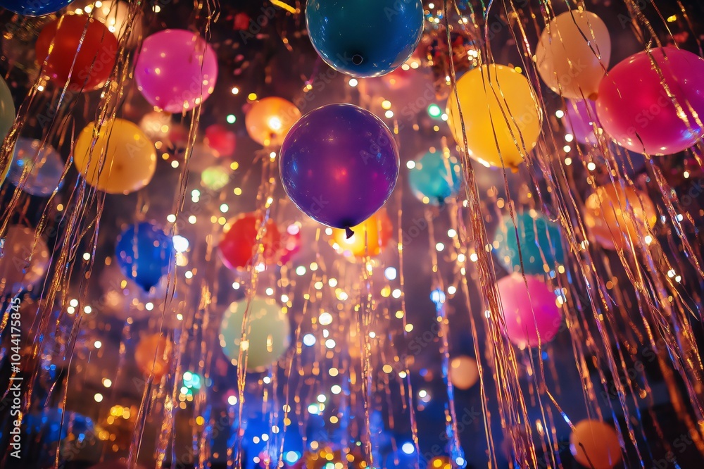 Poster many colorful balloons hanging from the ceiling at a party with defocused lights in the background