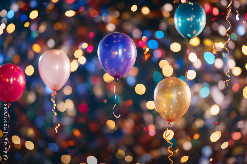 Poster colorful balloons floating in a festive party atmosphere with confetti falling and lights sparkling 