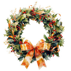Watercolor Christmas Wreath with Red Berries and Bow (generative ai)