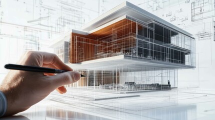 A hand sketches a modern architectural design for a futuristic building, showcasing a blend of creativity and technology.