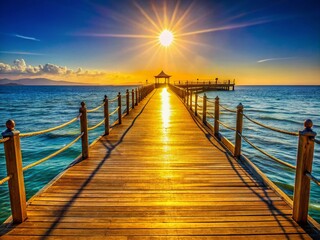 Fototapeta premium Curvy Wooden Pier Overlooking the Egyptian Sea - Stunning Fashion Photography Scene with Vibrant Colors and Intriguing