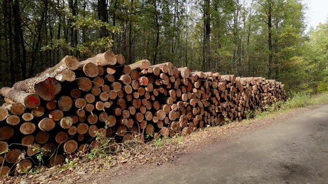 stack of wood in the forest after cut down