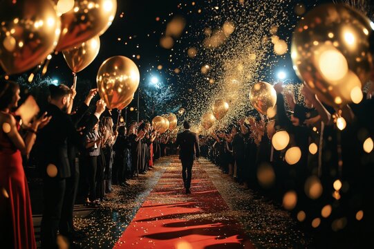 Celebrity walks the red carpet as guests cheer and celebrate at a glamorous movie premiere party
