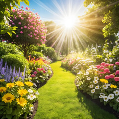 Beautiful blooming garden with sunlight shining through vibrant flowers
