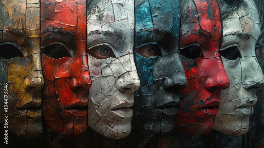 Poster a collage of different masks each one representing a different persona used to deceive others.