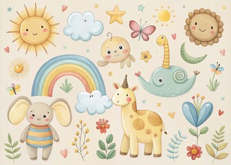 Naklejka premium Cute Hand Drawn Animal Illustrations for Kids - Elephants, Unicorns, Giraffes, and More for Summer Decor