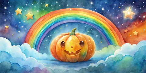Cute Halloween Pumpkin with a Black Rainbow Illustration for Kids - Watercolor Art