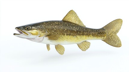 Walleye identified as Sander vitreus displays vibrant colors and unique physical traits. It swims gracefully against a clean white background emphasizing its beauty.