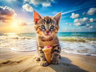 Obraz premium Cute Kitten with Ice Cream Cone on Beach - Aerial Photography Delight