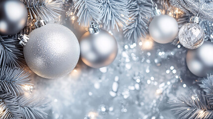 Weihnachtsstimmung mit weihnachtlichen Christbaumschmuck in Silber, Weihnachtsstimmung mit Weihnachtsschmuck und Lichtern