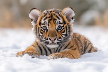 Obraz premium Adorable Tiger Cub Playfully Exploring Snow-Covered Terrain with Curious Eyes