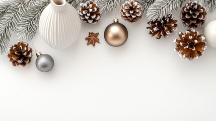 Decorative green wreath with pinecones and lights adorns a white sideboard in a minimalistic entryway, evoking a festive spirit