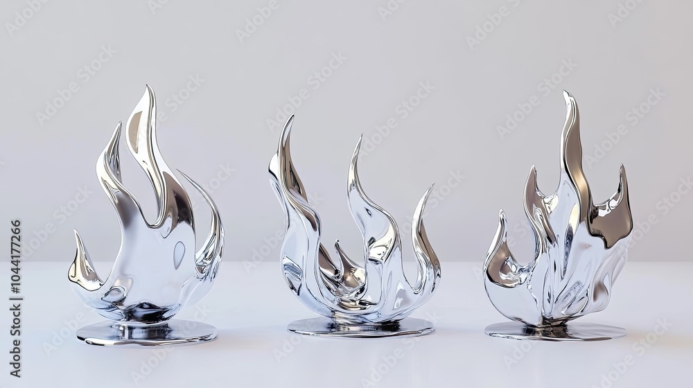 Poster elegant chrome flame sculptures reflecting light on a smooth surface generative ai
