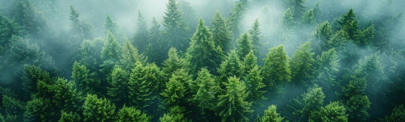 Fototapeta premium Trees are covered in mist and fog in a forest, nature background, banner, copy space