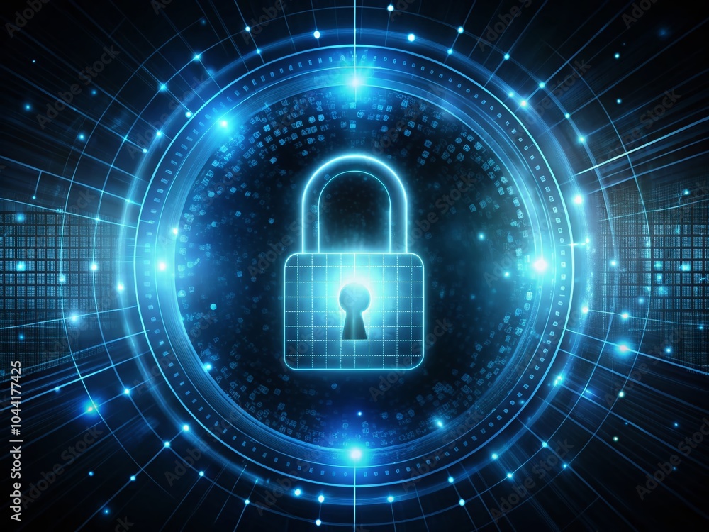 Poster cybersecurity protection concept with lock symbol in low light for data safety and network security