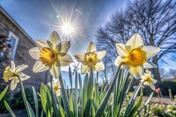 Obraz premium Daffodils in Spring: Backlit Blooms Radiating Sunshine for a Serene Garden Scene