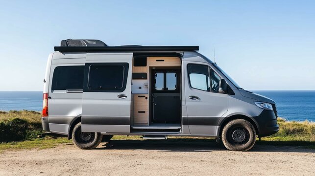 A sleek silver camper van parked by the ocean, featuring an open door revealing a stylish interior designed for adventure and travel.