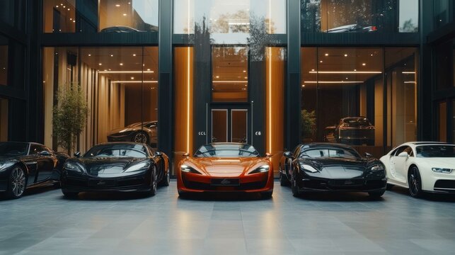 A sleek showroom featuring luxury cars, showcasing an array of high-end sports models in a modern, stylish environment.
