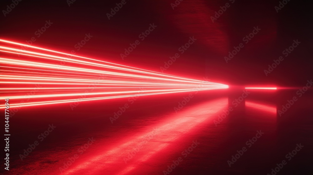 Poster a striking visual of red laser beams illuminating a dark space, creating a dynamic atmosphere.